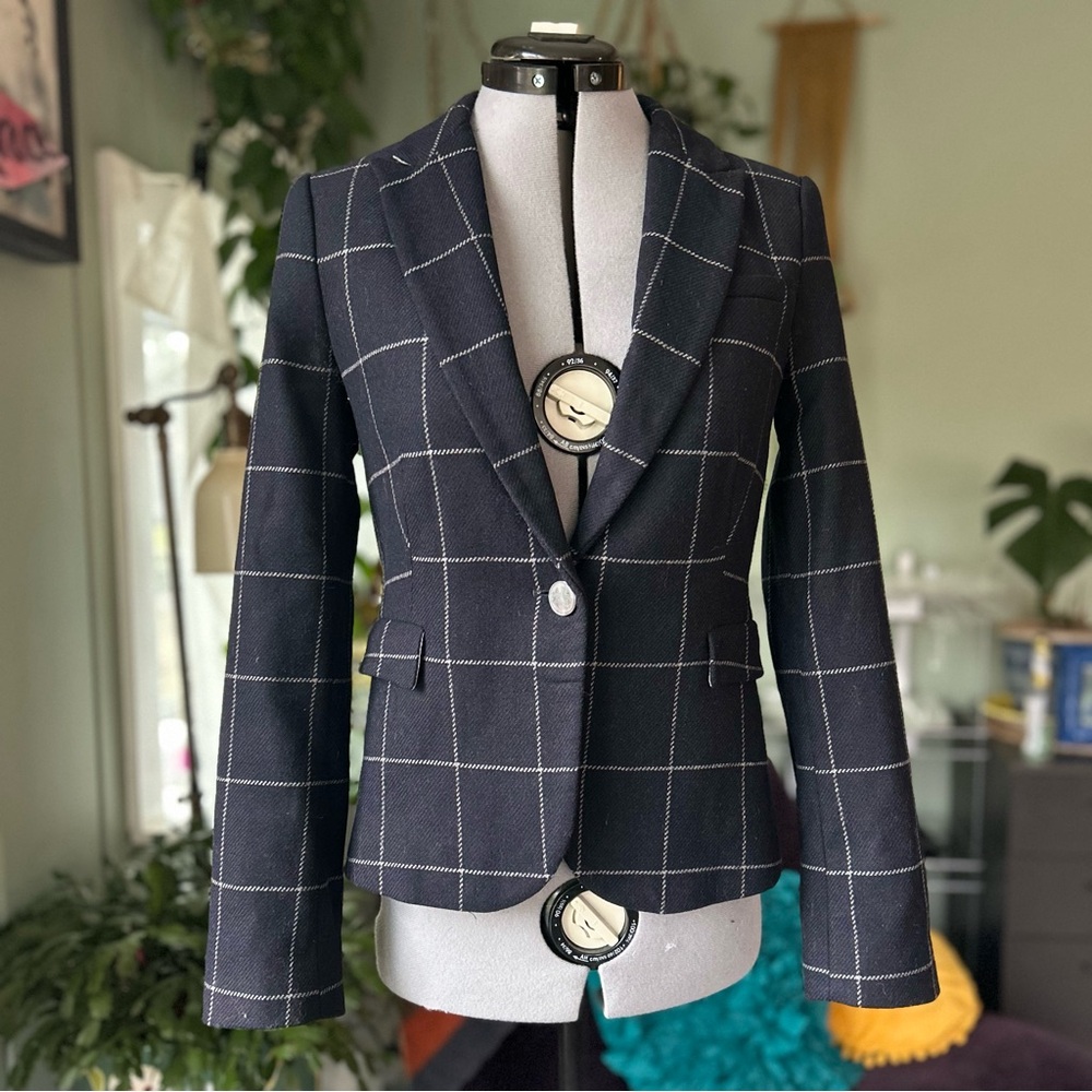 Zara Basic WOOL blend Windowpane Plaid Blazer S B… - image 1